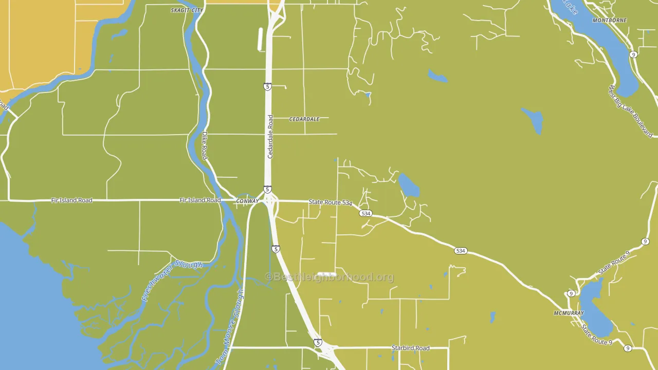 Map of the best neighborhoods in the Conway area, with better matches in green and worse matches in red