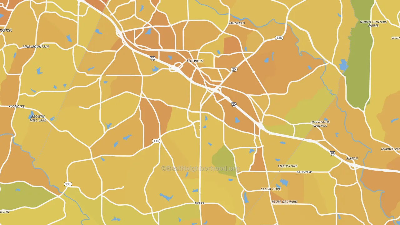 Map of the best neighborhoods in the Conyers area, with better matches in green and worse matches in red
