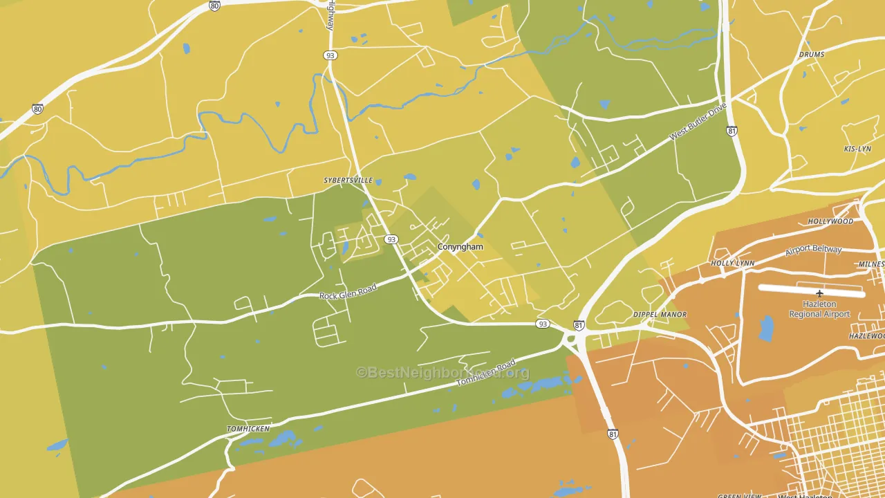 Map of the best neighborhoods in the Conyngham area, with better matches in green and worse matches in red