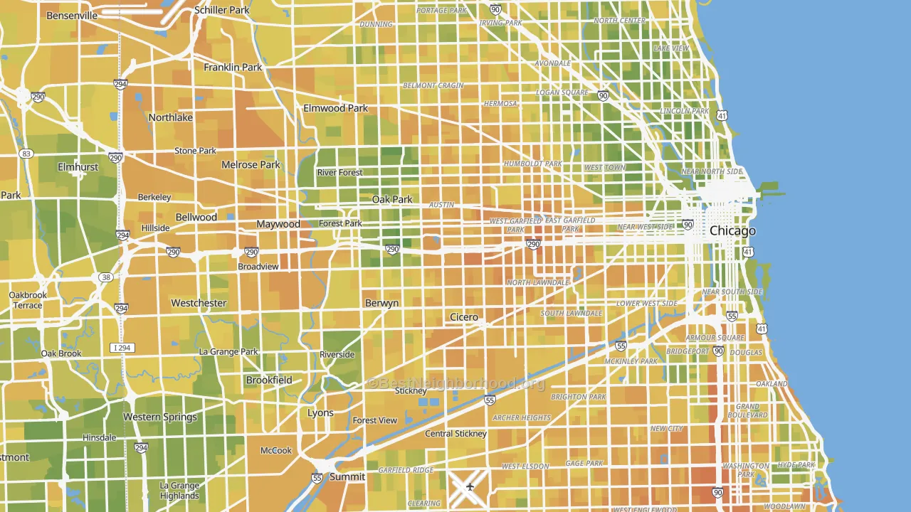 Map of the best neighborhoods in the Cook County area, with better matches in green and worse matches in red