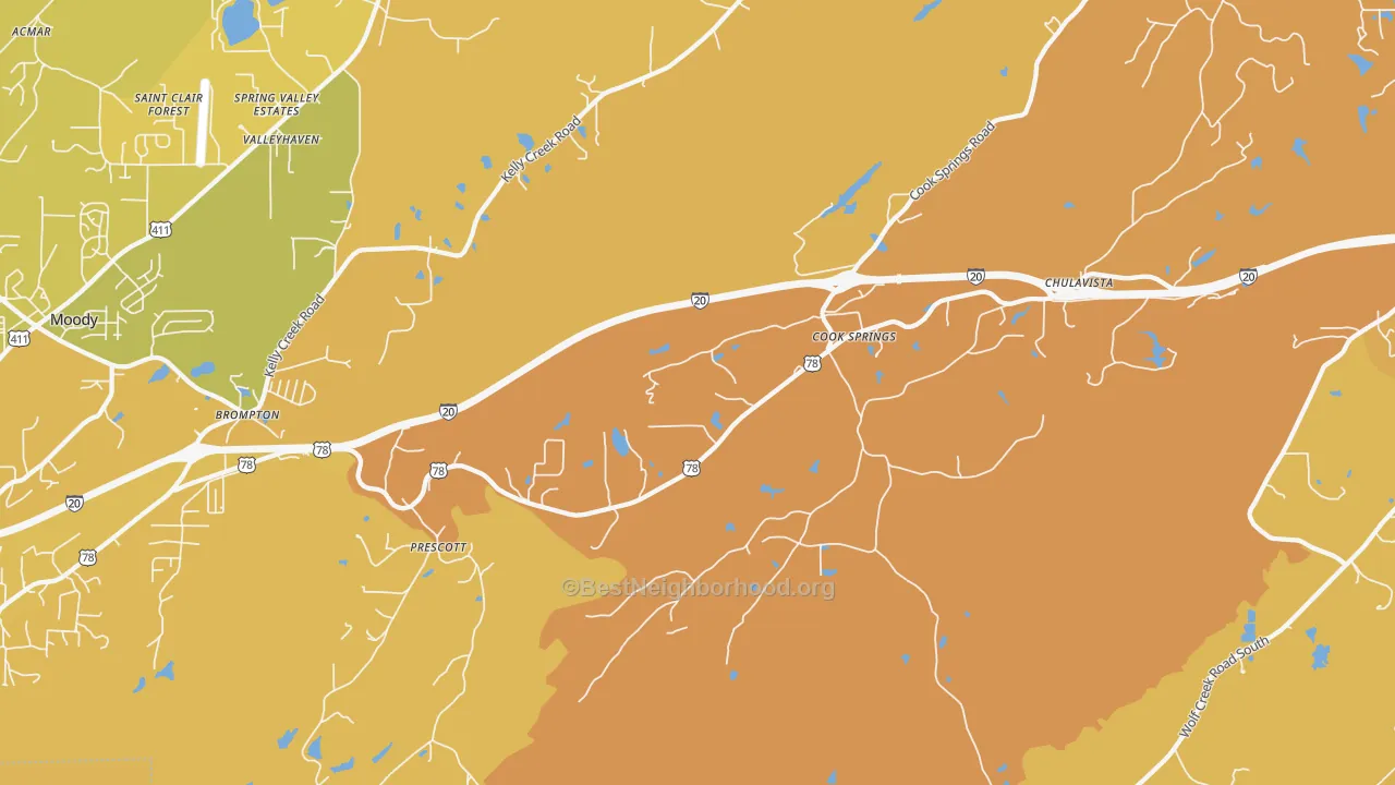 Map of the best neighborhoods in the Cook Springs area, with better matches in green and worse matches in red