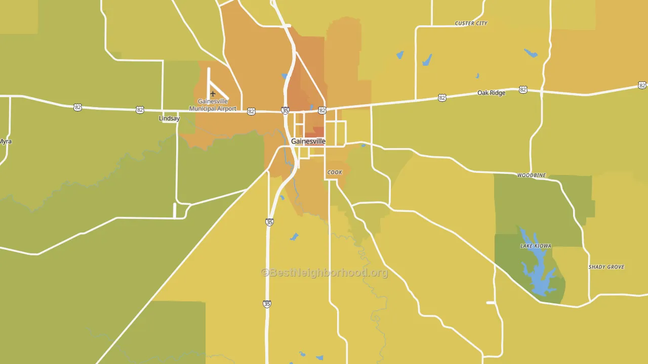 Map of the best neighborhoods in the Cooke County area, with better matches in green and worse matches in red