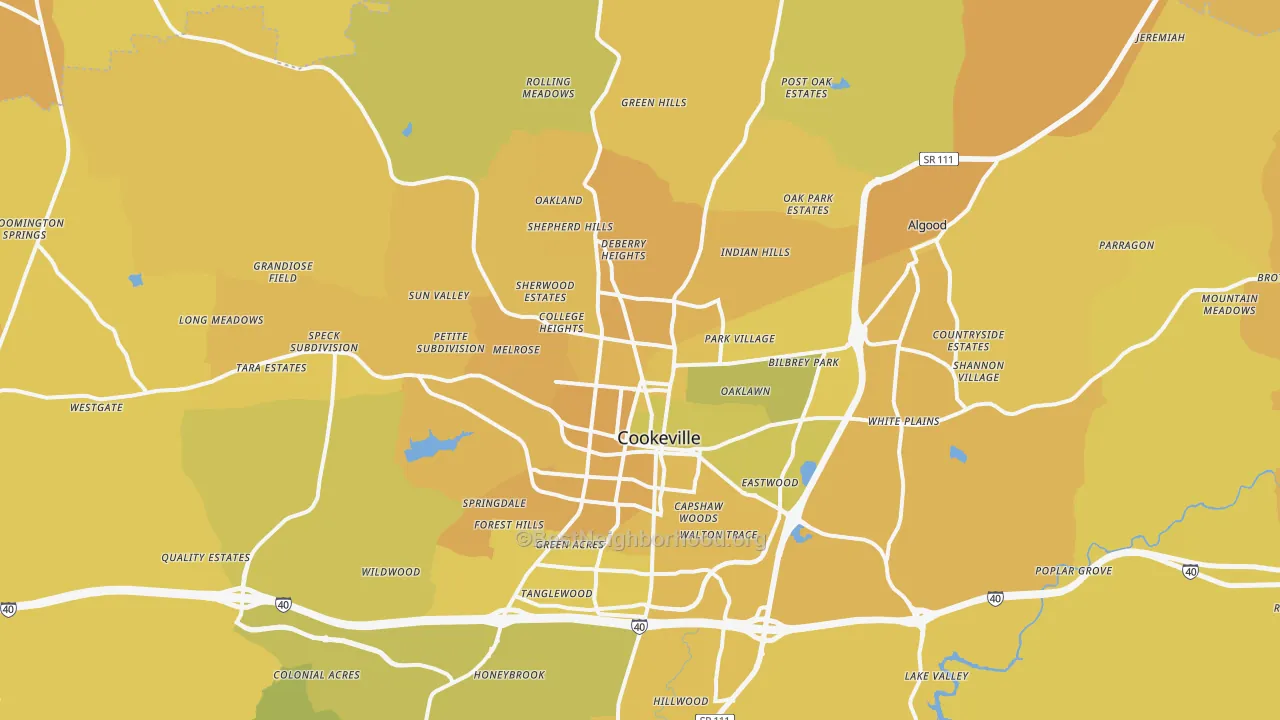 Map of the best neighborhoods in the Cookeville area, with better matches in green and worse matches in red