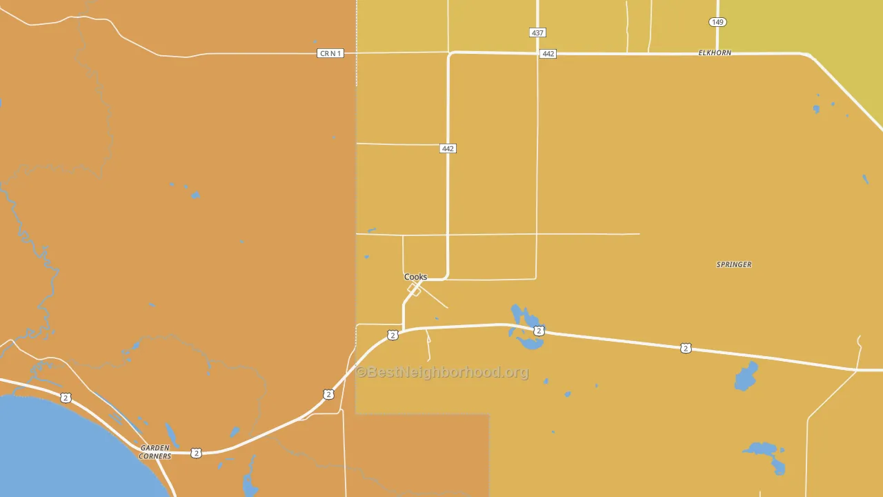 Map of the best neighborhoods in the Cooks area, with better matches in green and worse matches in red