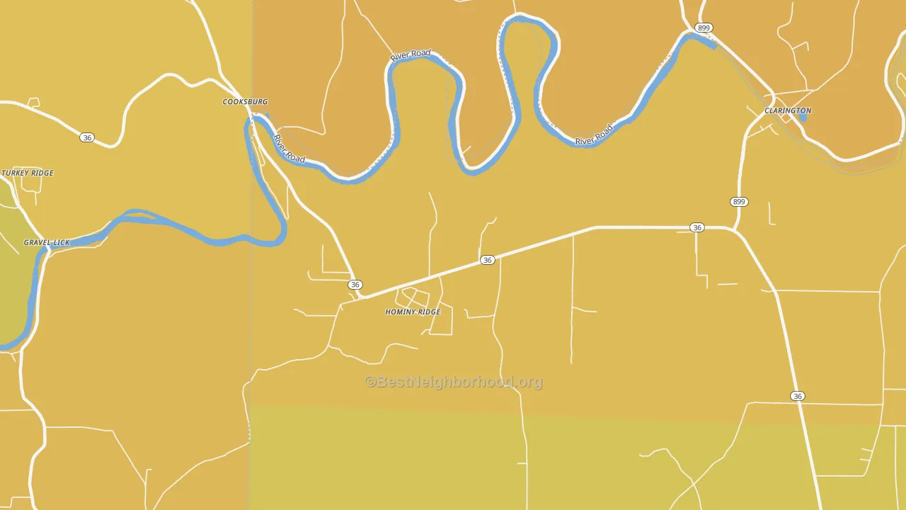 Map of the best neighborhoods in the Cooksburg area, with better matches in green and worse matches in red