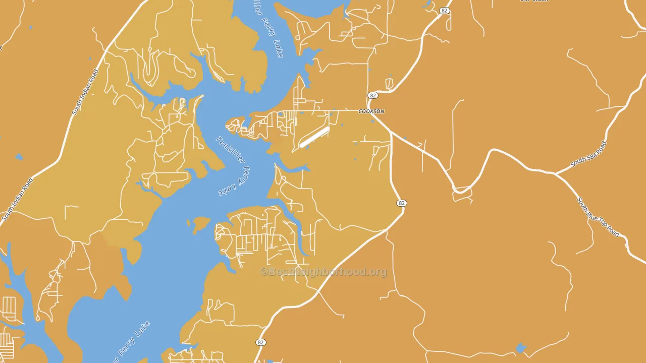 Map of the best neighborhoods in the Cookson area, with better matches in green and worse matches in red