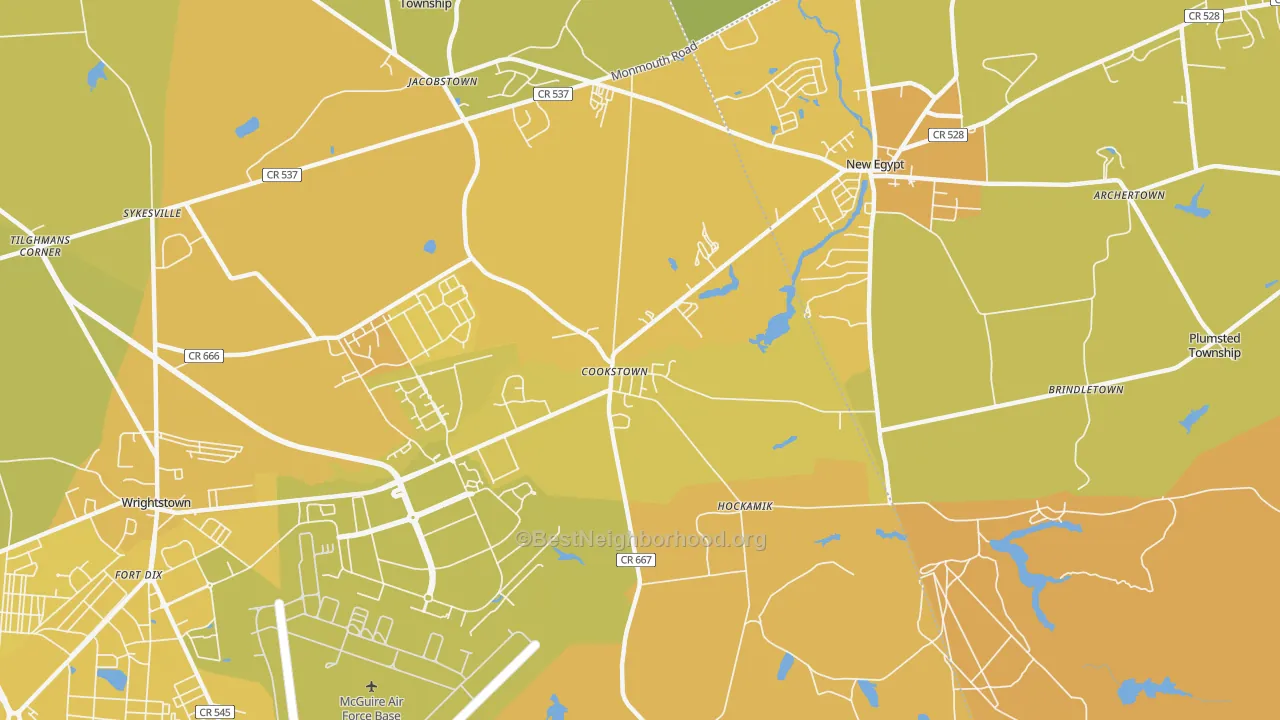 Map of the best neighborhoods in the Cookstown area, with better matches in green and worse matches in red