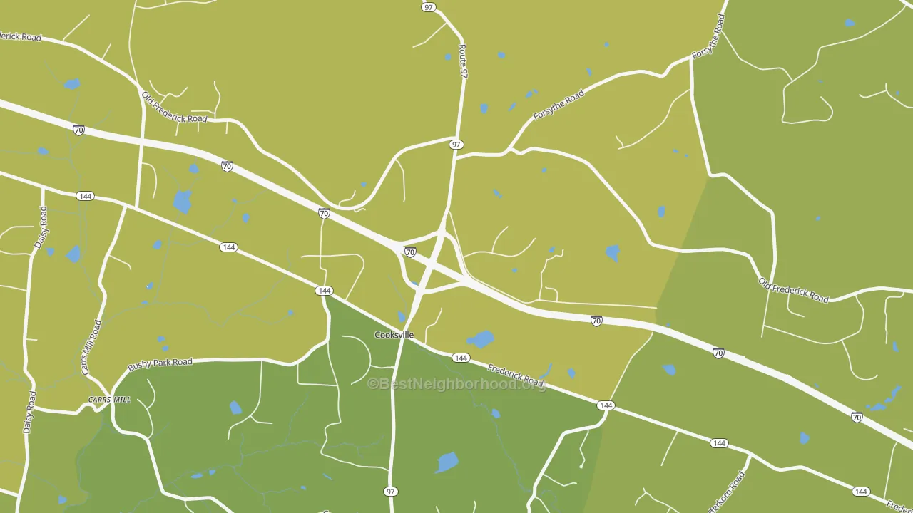 Map of the best neighborhoods in the Cooksville area, with better matches in green and worse matches in red