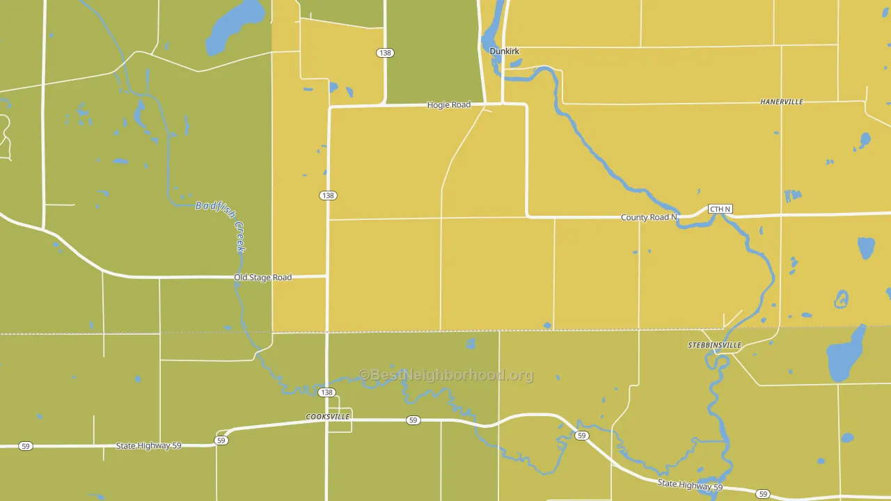 Map of the best neighborhoods in the Cooksville area, with better matches in green and worse matches in red
