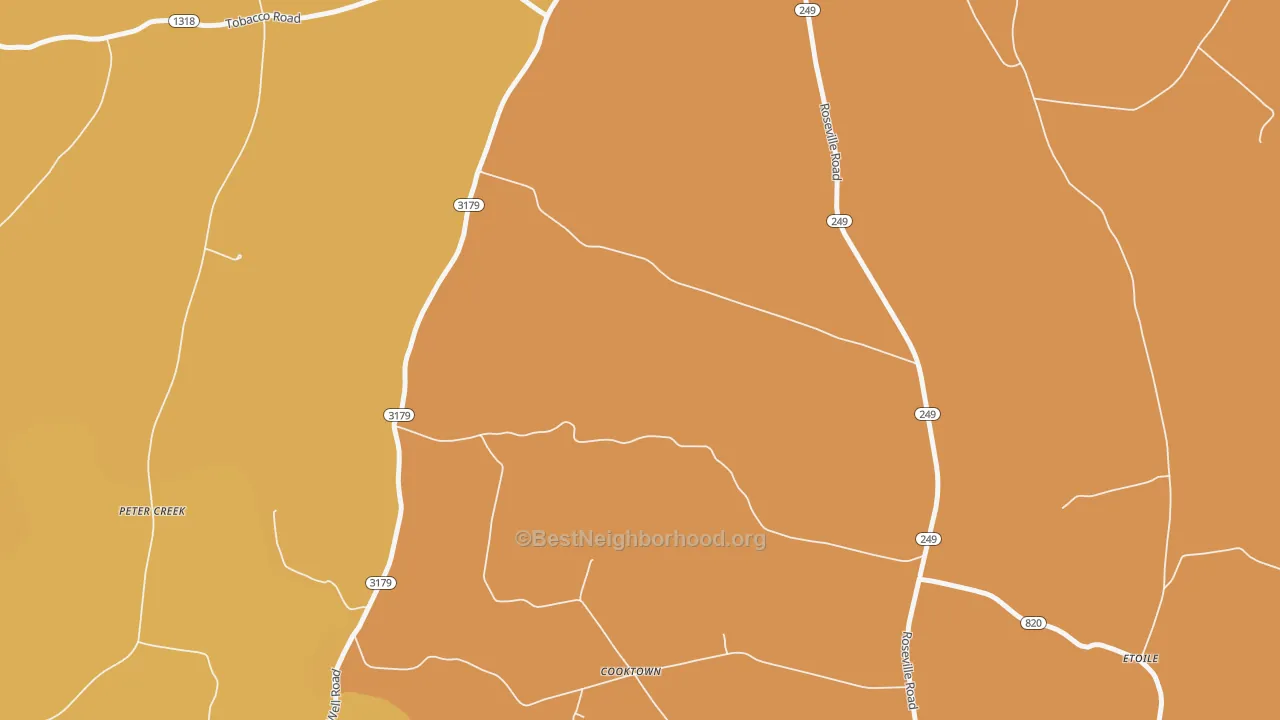 Map of the best neighborhoods in the Cooktown area, with better matches in green and worse matches in red