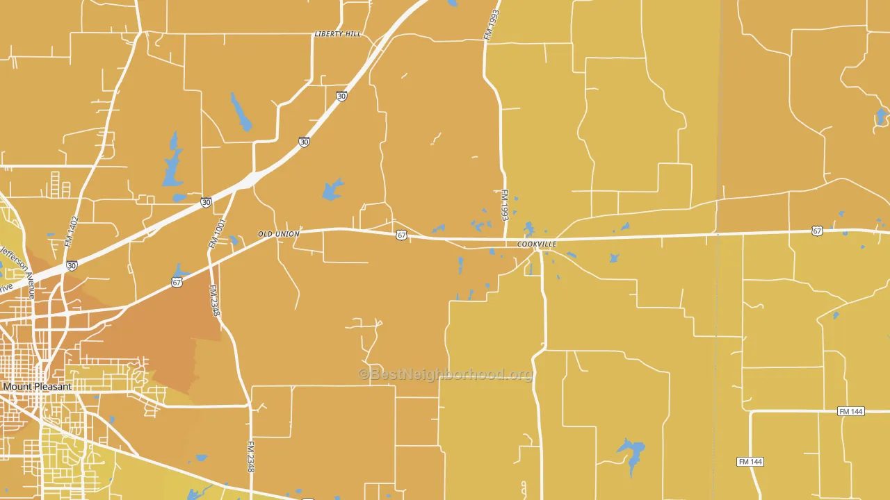 Map of the best neighborhoods in the Cookville area, with better matches in green and worse matches in red
