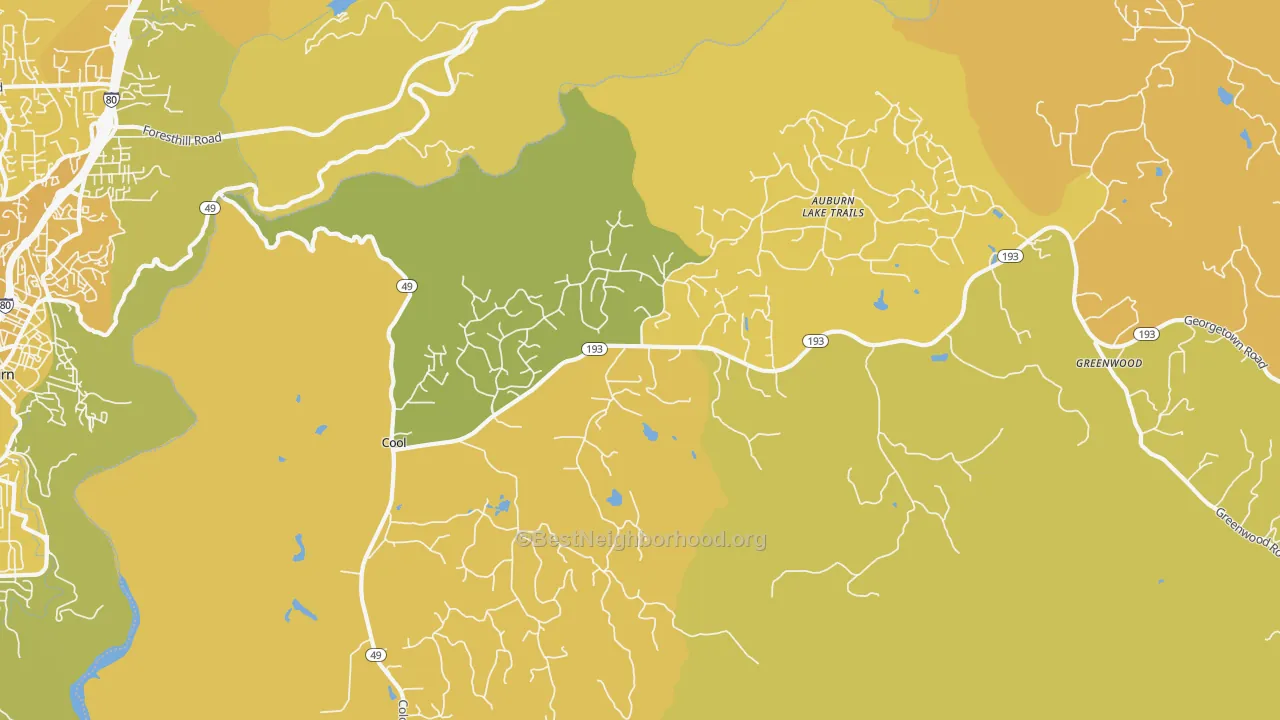 Map of the best neighborhoods in the Cool area, with better matches in green and worse matches in red