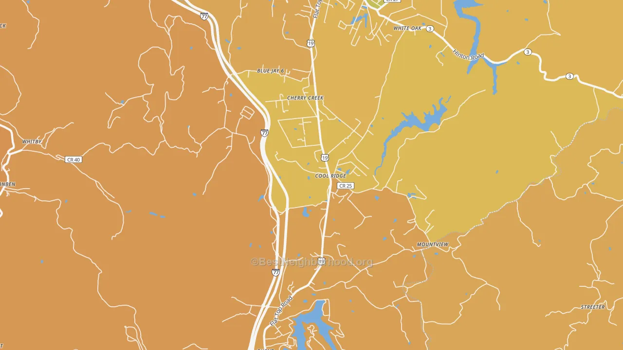 Map of the best neighborhoods in the Cool Ridge area, with better matches in green and worse matches in red