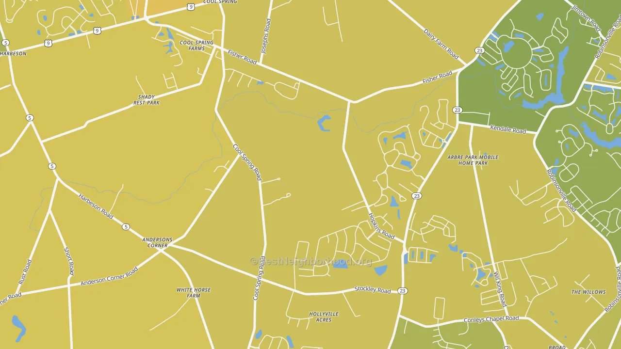 Map of the best neighborhoods in the Cool Spring area, with better matches in green and worse matches in red