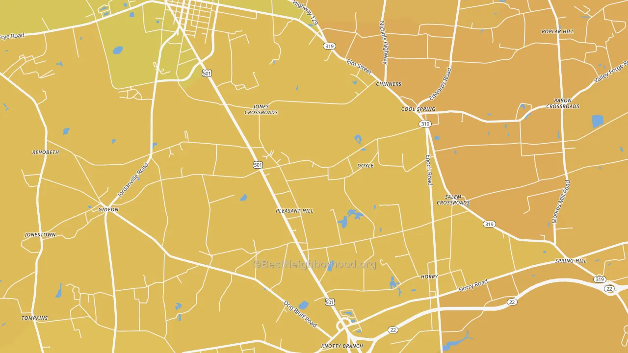 Map of the best neighborhoods in the Cool Spring area, with better matches in green and worse matches in red