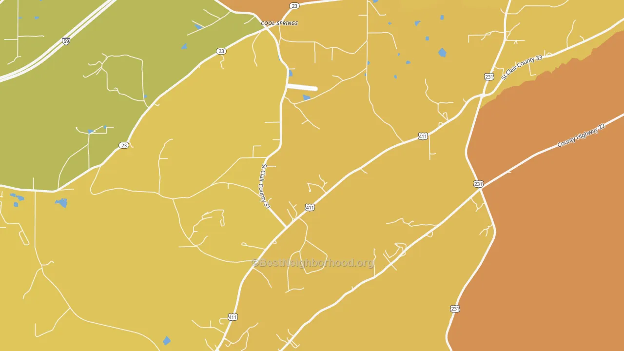 Map of the best neighborhoods in the Cool Springs area, with better matches in green and worse matches in red
