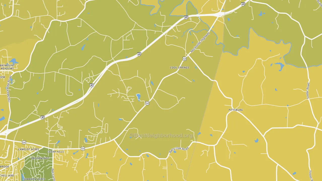 Map of the best neighborhoods in the Cool Springs area, with better matches in green and worse matches in red