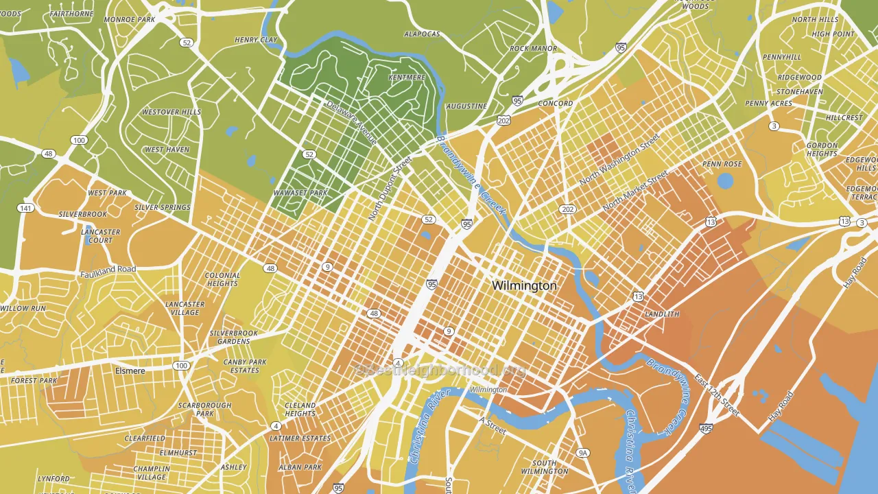Map of the best neighborhoods in the Cool Springs, Wilmington area, with better matches in green and worse matches in red