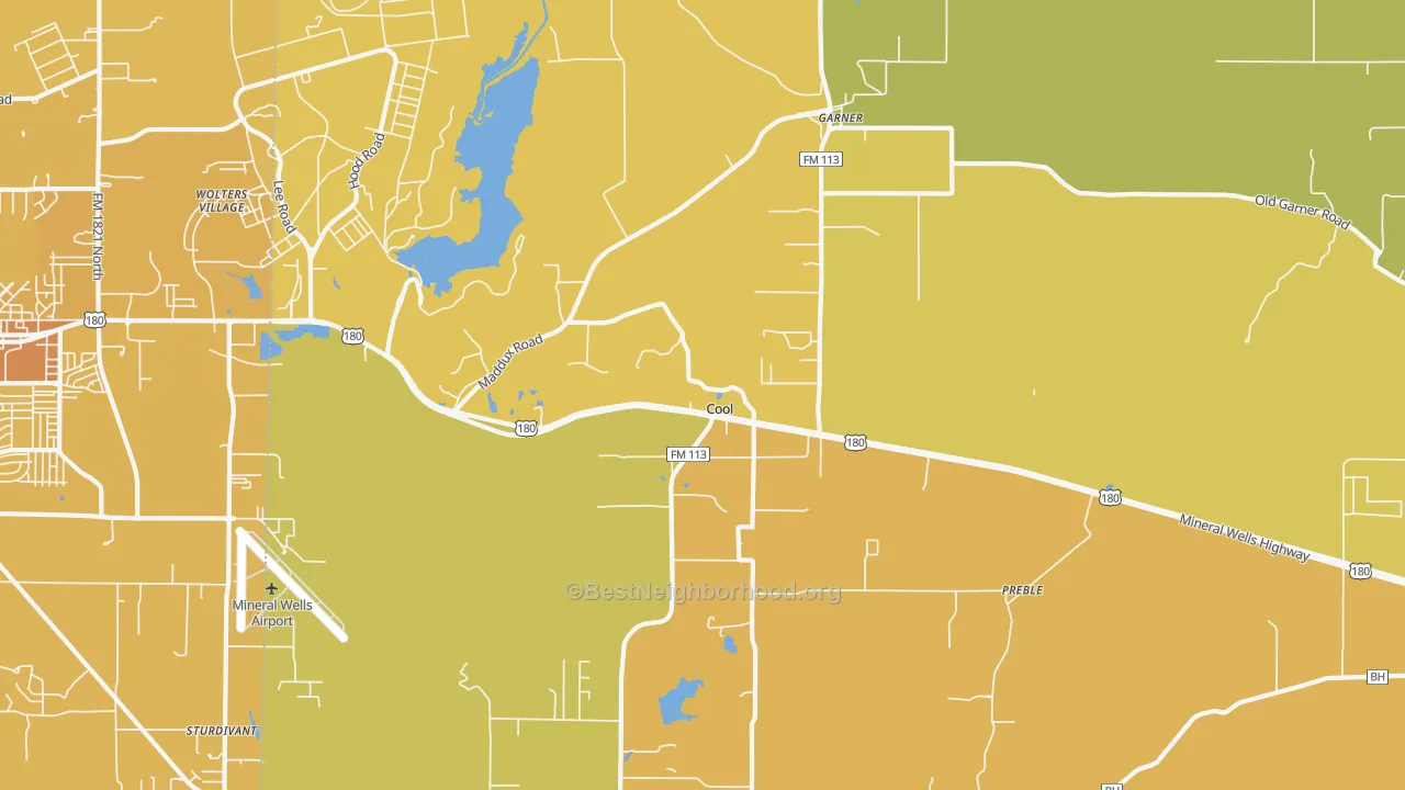 Map of the best neighborhoods in the Cool area, with better matches in green and worse matches in red
