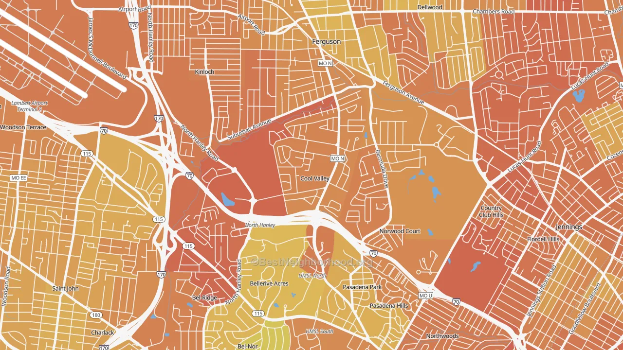 Map of the best neighborhoods in the Cool Valley area, with better matches in green and worse matches in red