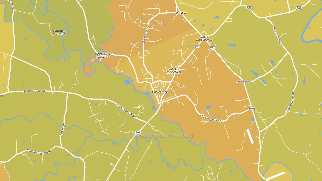Map of the best neighborhoods in the Cooleemee area, with better matches in green and worse matches in red