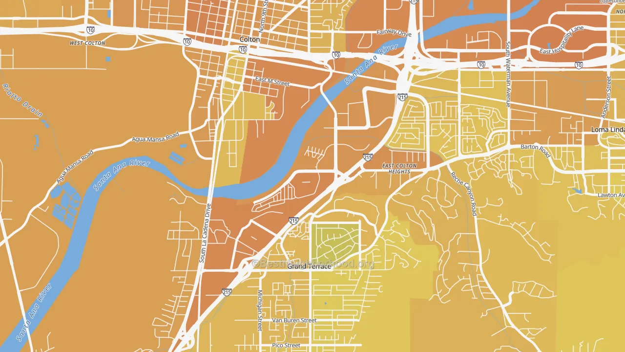 Map of the best neighborhoods in the Cooley Ranch, Colton area, with better matches in green and worse matches in red