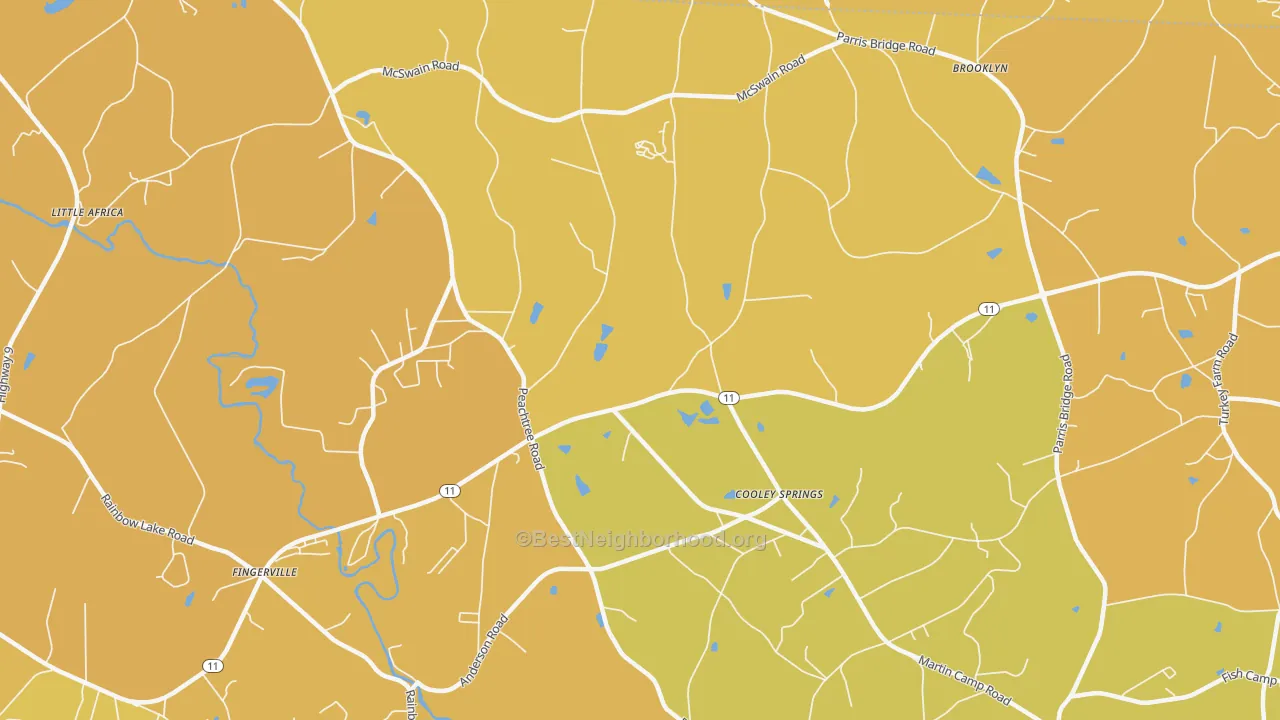 Map of the best neighborhoods in the Cooley Springs area, with better matches in green and worse matches in red
