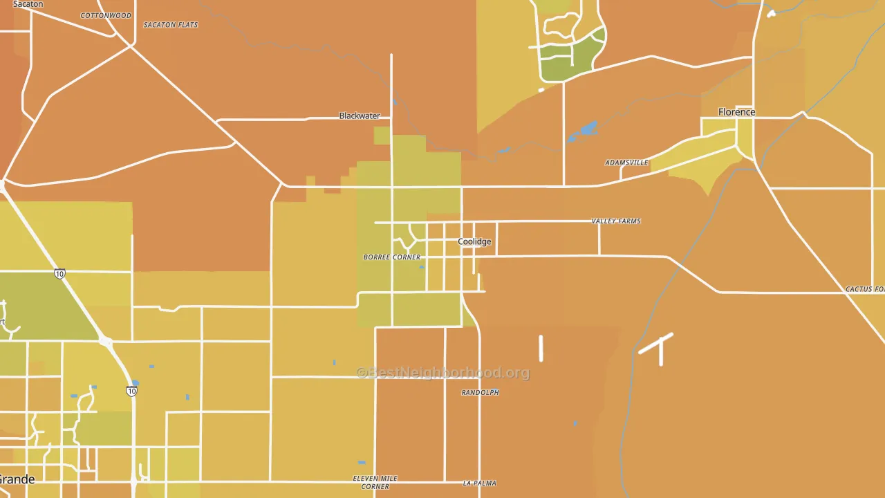 Map of the best neighborhoods in the Coolidge area, with better matches in green and worse matches in red