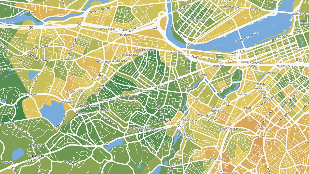 Map of the best neighborhoods in the Coolidge Corner, Brookline area, with better matches in green and worse matches in red