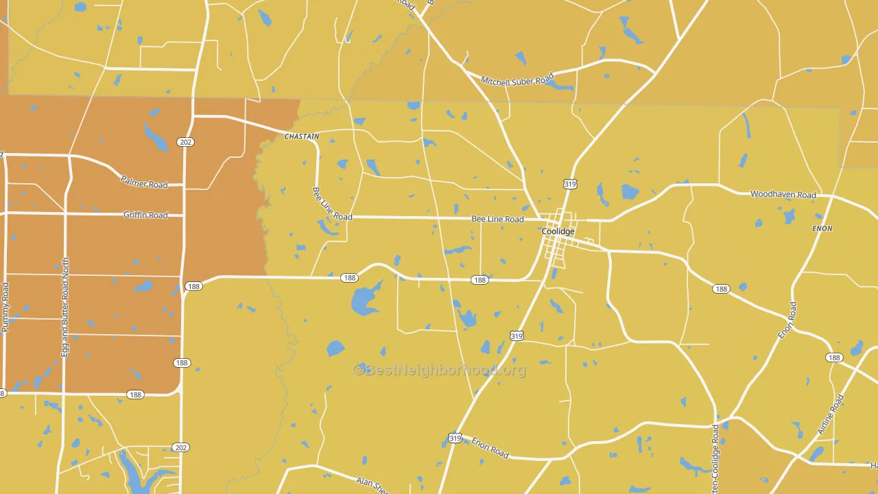 Map of the best neighborhoods in the Coolidge area, with better matches in green and worse matches in red