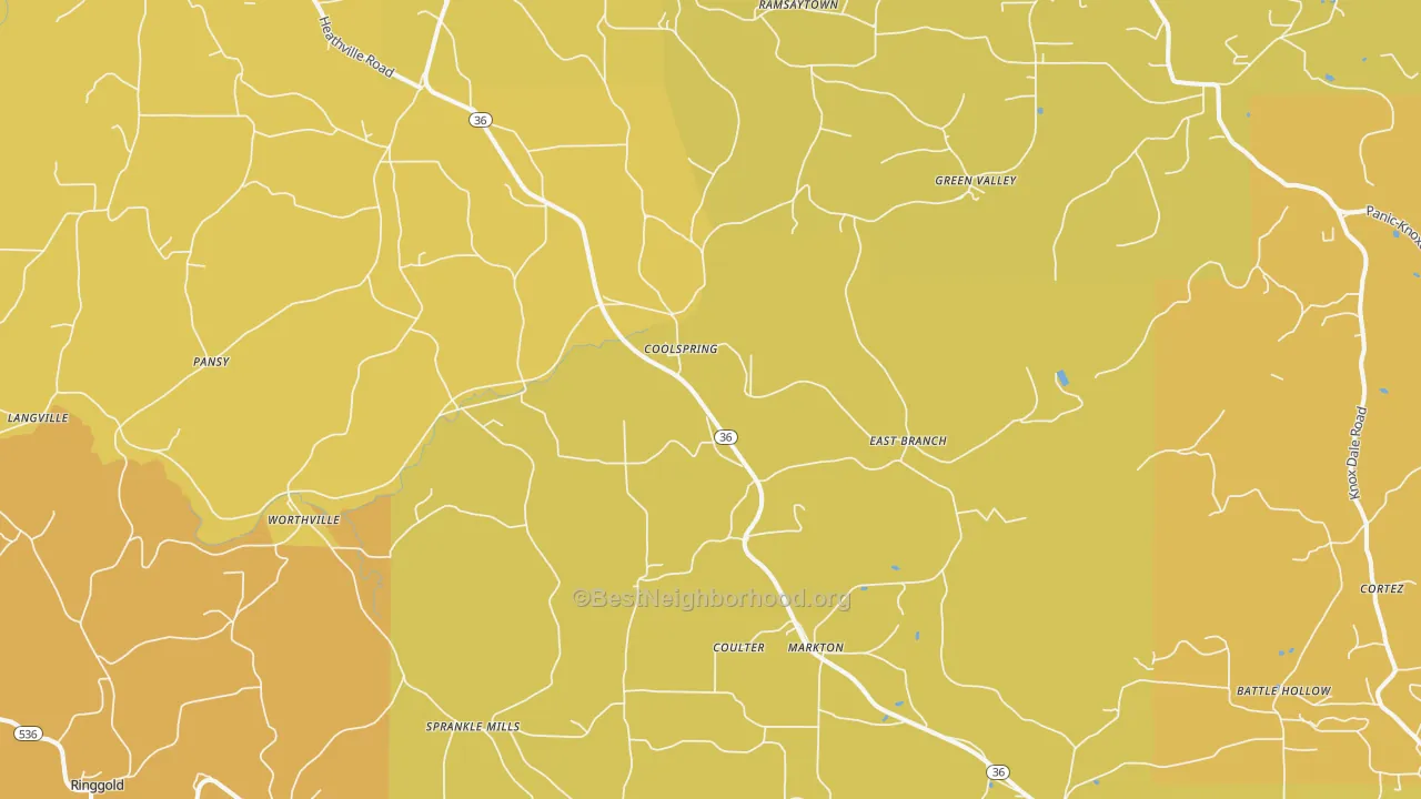 Map of the best neighborhoods in the Coolspring area, with better matches in green and worse matches in red