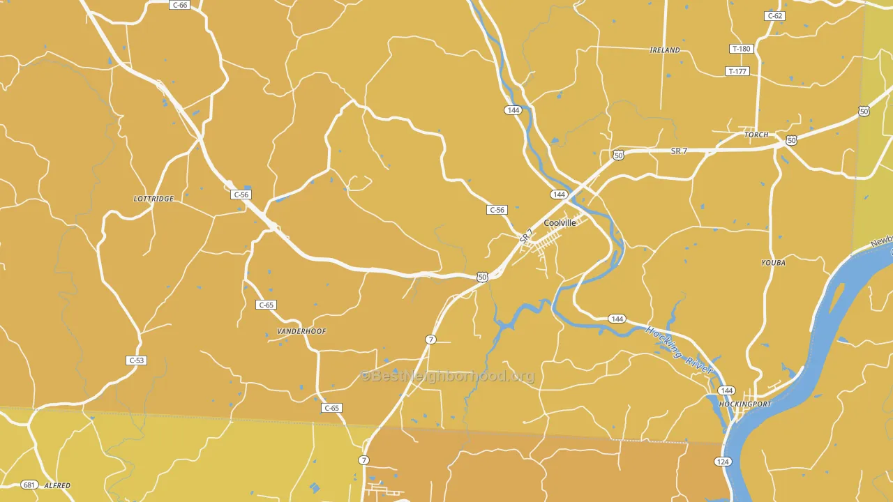 Map of the best neighborhoods in the Coolville area, with better matches in green and worse matches in red