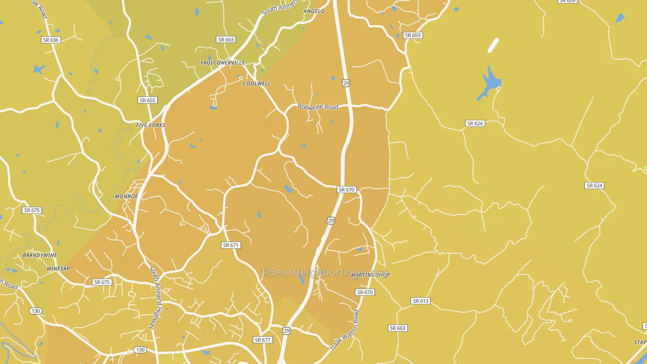 Map of the best neighborhoods in the Coolwell area, with better matches in green and worse matches in red