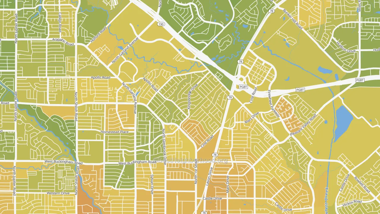 Map of the best neighborhoods in the Coomer Creek, Garland area, with better matches in green and worse matches in red