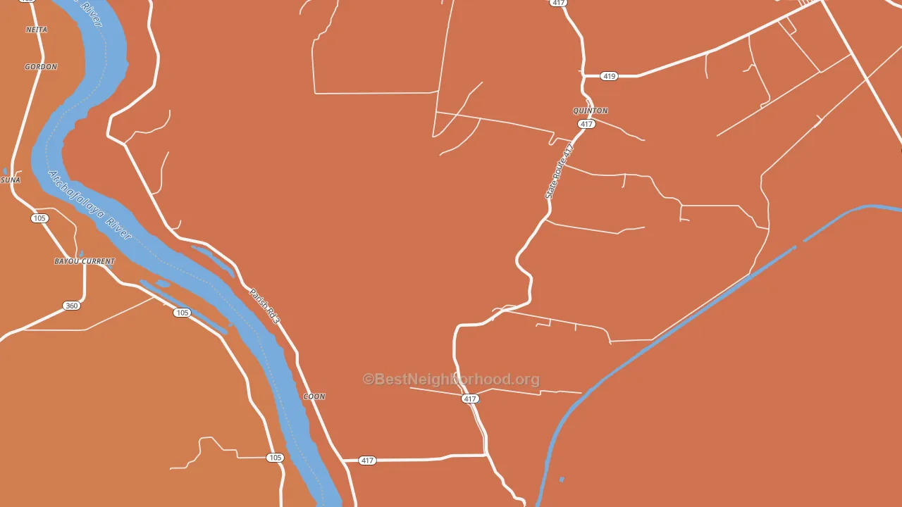 Map of the best neighborhoods in the Coon area, with better matches in green and worse matches in red