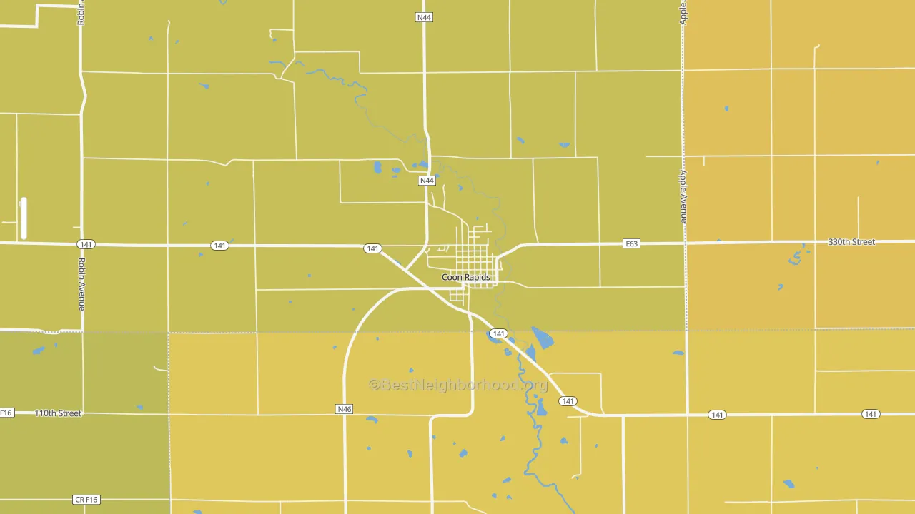 Map of the best neighborhoods in the Coon Rapids area, with better matches in green and worse matches in red