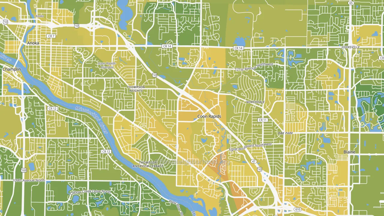 Map of the best neighborhoods in the Coon Rapids area, with better matches in green and worse matches in red