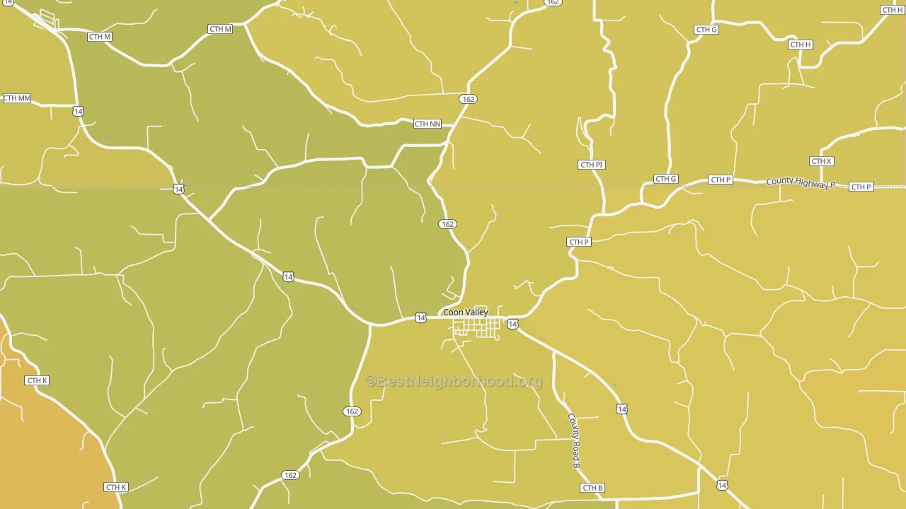 Map of the best neighborhoods in the Coon Valley area, with better matches in green and worse matches in red