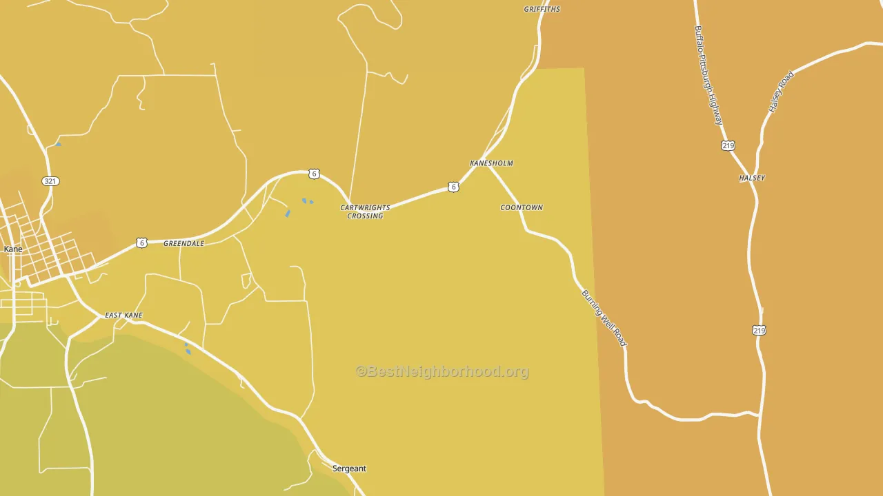 Map of the best neighborhoods in the Coontown area, with better matches in green and worse matches in red