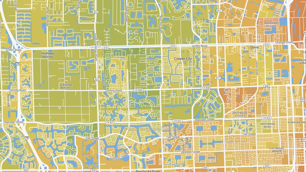 Map of the best neighborhoods in the Cooper City area, with better matches in green and worse matches in red