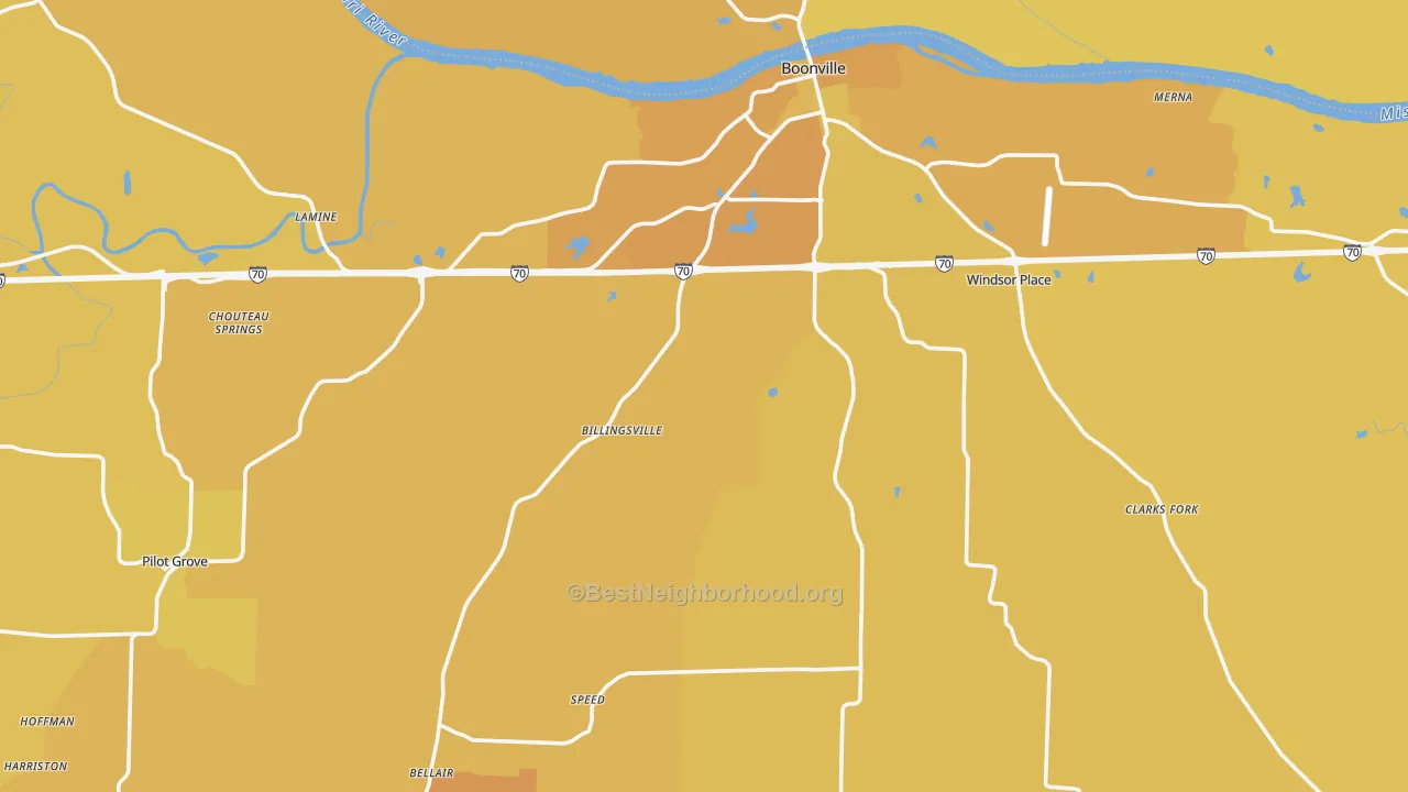 Map of the best neighborhoods in the Cooper County area, with better matches in green and worse matches in red