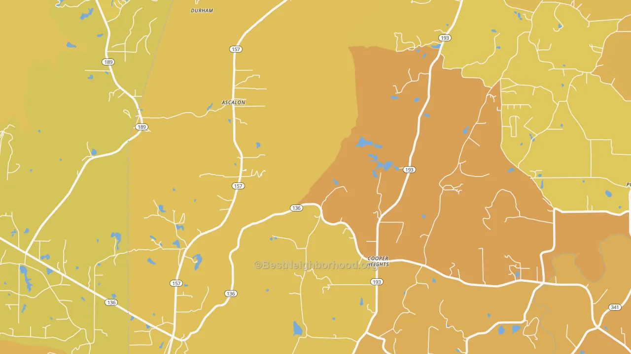 Map of the best neighborhoods in the Cooper Heights area, with better matches in green and worse matches in red