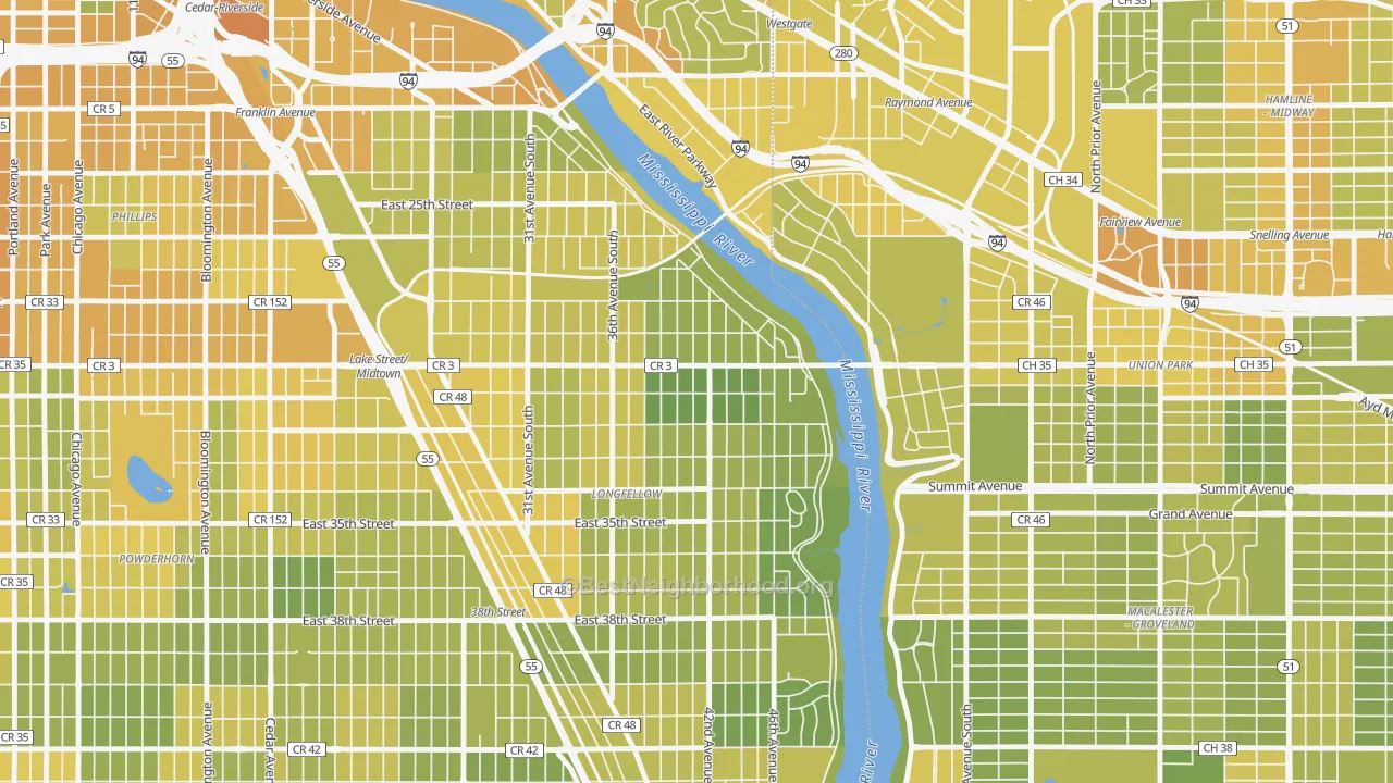 Map of the best neighborhoods in the Cooper, Minneapolis area, with better matches in green and worse matches in red