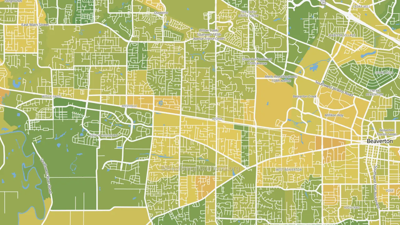 Map of the best neighborhoods in the Cooper Mountain-Aloha North, Aloha area, with better matches in green and worse matches in red