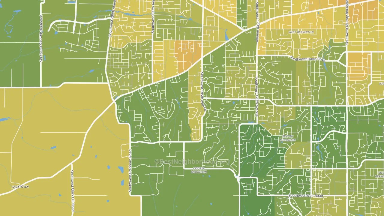 Map of the best neighborhoods in the Cooper Mountain Aloha South, Beaverton area, with better matches in green and worse matches in red