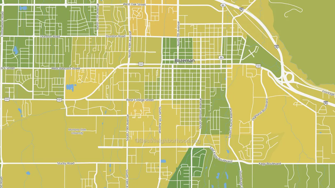Map of the best neighborhoods in the Cooper Park, Bozeman area, with better matches in green and worse matches in red