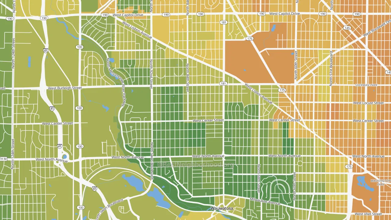 Map of the best neighborhoods in the Cooper Park, Milwaukee area, with better matches in green and worse matches in red