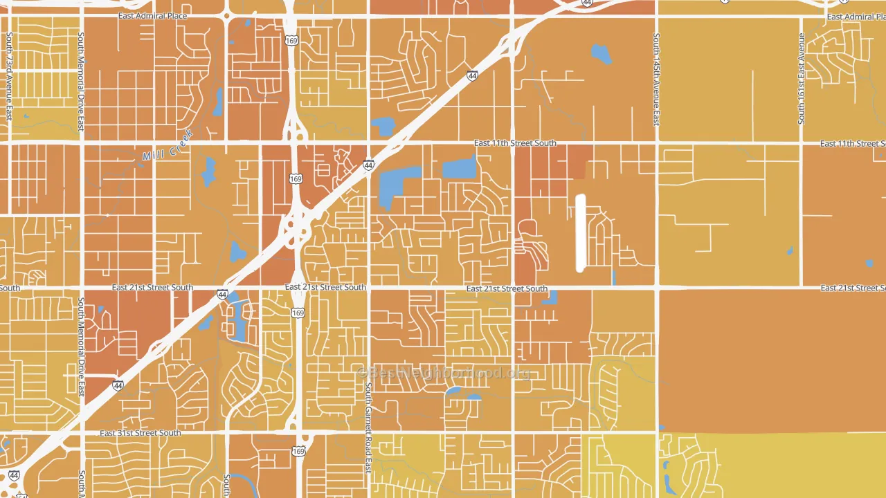 Map of the best neighborhoods in the Cooper, Tulsa area, with better matches in green and worse matches in red