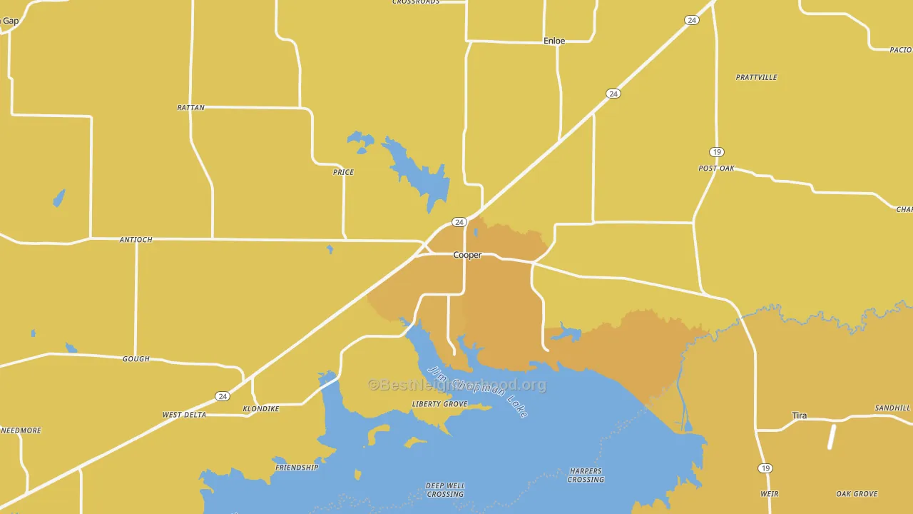 Map of the best neighborhoods in the Cooper area, with better matches in green and worse matches in red