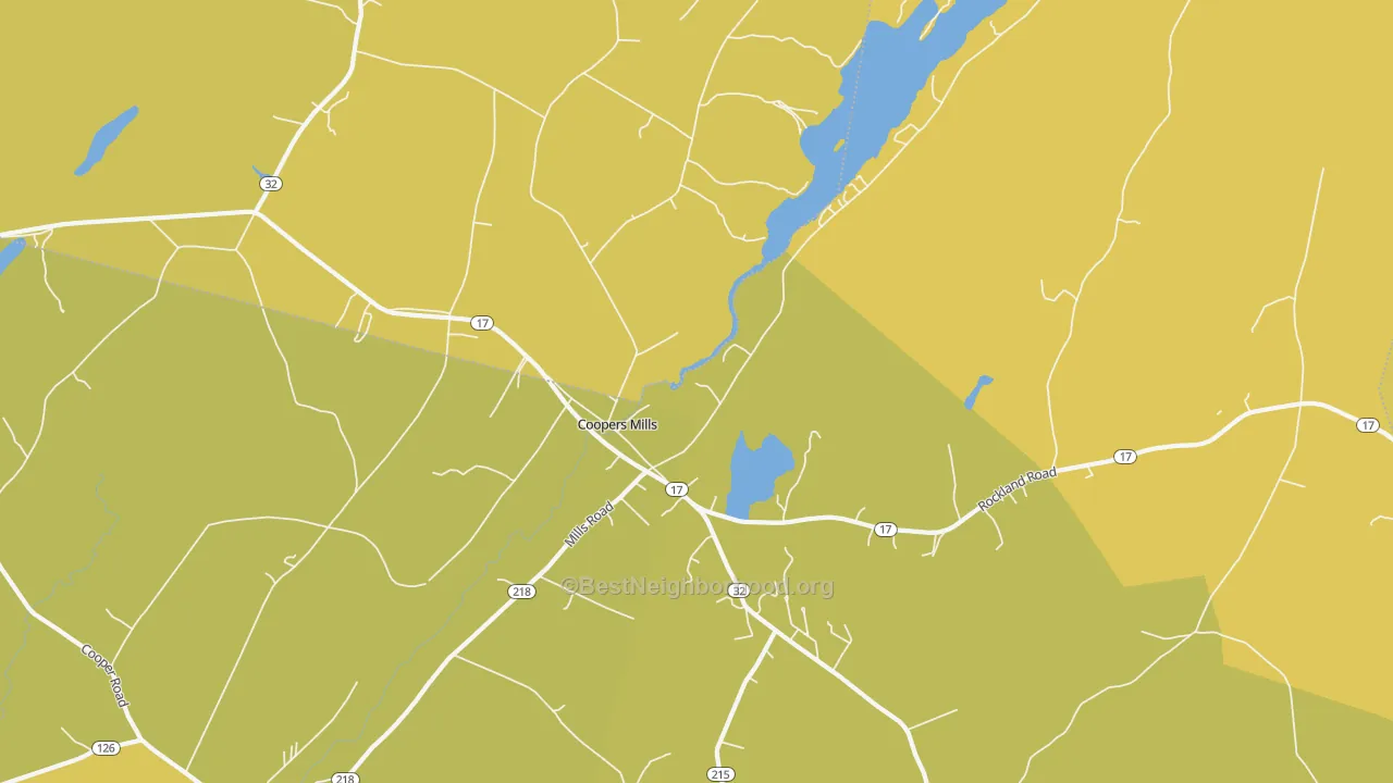 Map of the best neighborhoods in the Coopers Mills area, with better matches in green and worse matches in red